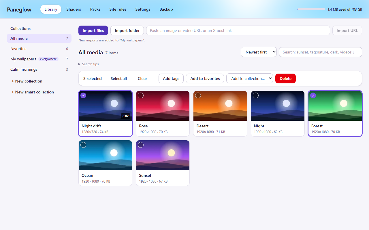 Paneglow's library: collections in a sidebar, and a grid of landscape wallpapers with import buttons and a search box above.