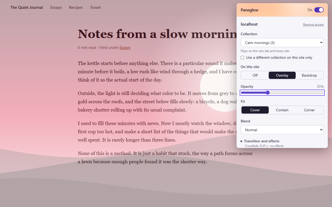 A blog page with a soft pink landscape layered over it, and Paneglow's popup set to Overlay at 35% opacity.