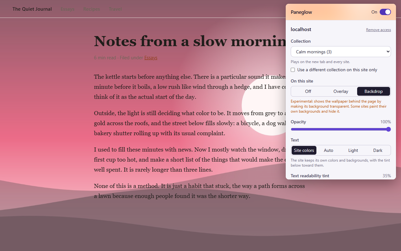 The same blog page with the landscape behind its text, and Paneglow's popup set to Backdrop.