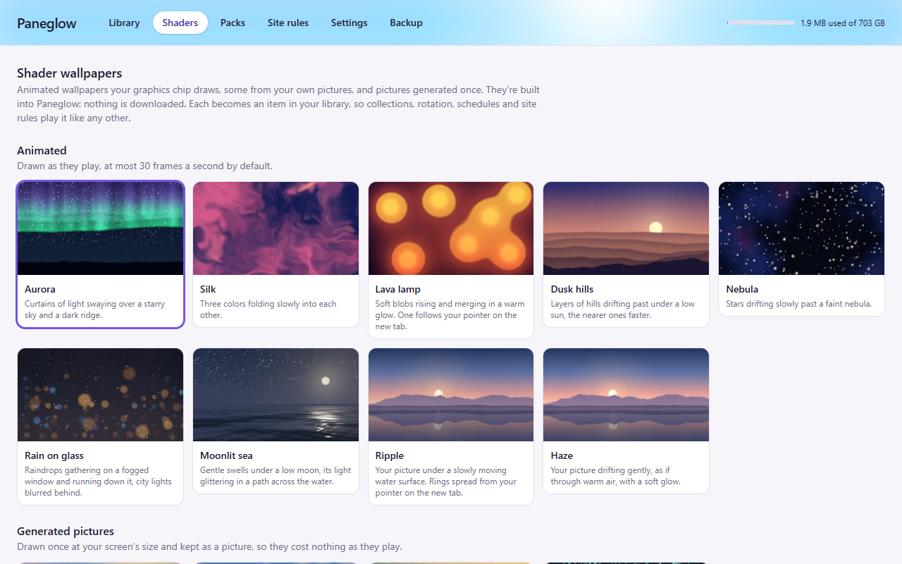 Paneglow's shader wallpapers: an aurora, silk, a lava lamp, dusk hills, a nebula, rain on glass, a moonlit sea and two that animate your own picture.